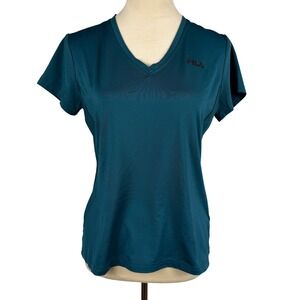 Fila Sport Teal V Neck Short Sleeve Athletic T Shirt Top Womens Large Sporty